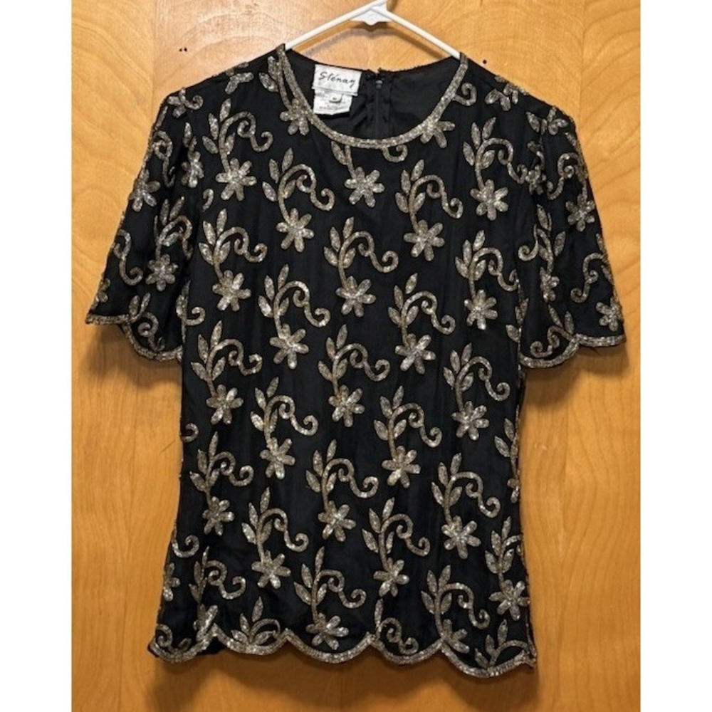 Vintage Stenay 100 % Silk Beaded Short Sleeve Scalloped Hem Lined Top Sz‎ S EUC